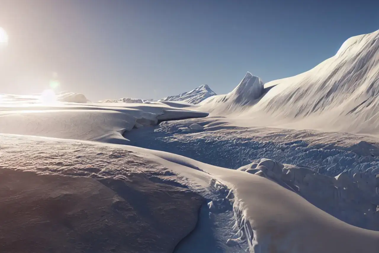Lodowe pustkowie Antarktydy, gdzie słońce nisko nad horyzontem i biały śnieg odbijają promienie, wyjaśnia, dlaczego na Antarktydzie jest zimno.