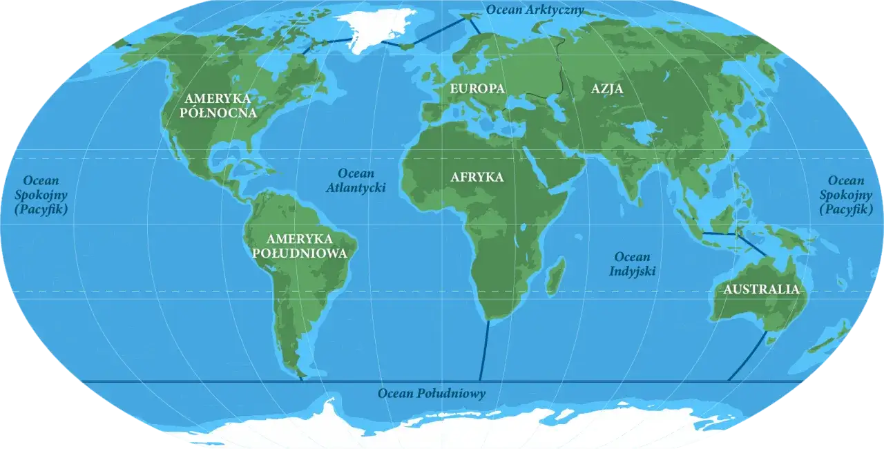 Mapa świata z zaznaczonymi kontynentami i oceanami. Widać, ile jest mórz i oceanów: Spokojny, Atlantycki, Indyjski, Arktyczny i Południowy.
