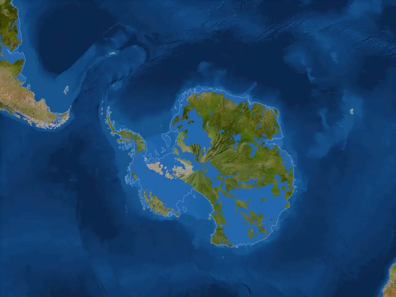 Antarktyda bez lodu, ukazująca zielone lądy i jeziora otoczone przez ocean.