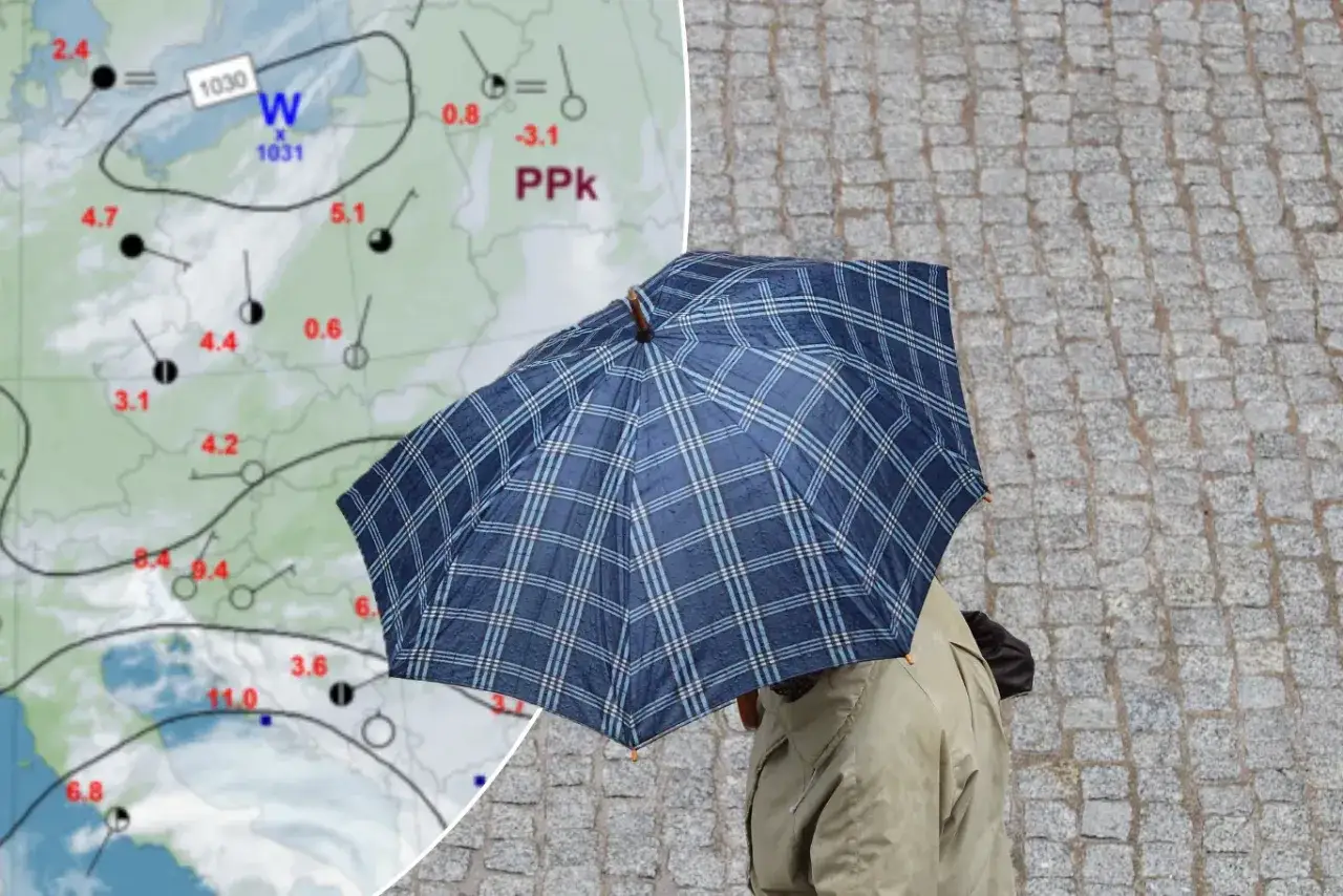 Mapa pogody i osoba pod parasolem sugerują, że w Londynie pada wiele dni w roku.