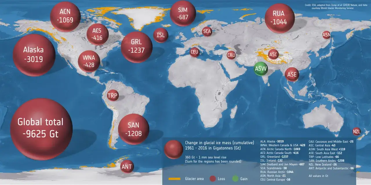 Mapa świata pokazuje utratę masy lodowców. Ziemia na rozdrożu, z czerwonymi kulami oznaczającymi straty, symbolizuje globalny problem.