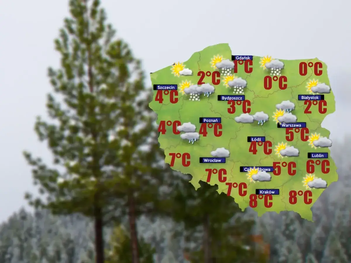 Mapa Polski z temperaturami i ikonami pogody. Różne pory roku w Polsce pokazane przez symbole słońca, chmur i deszczu.