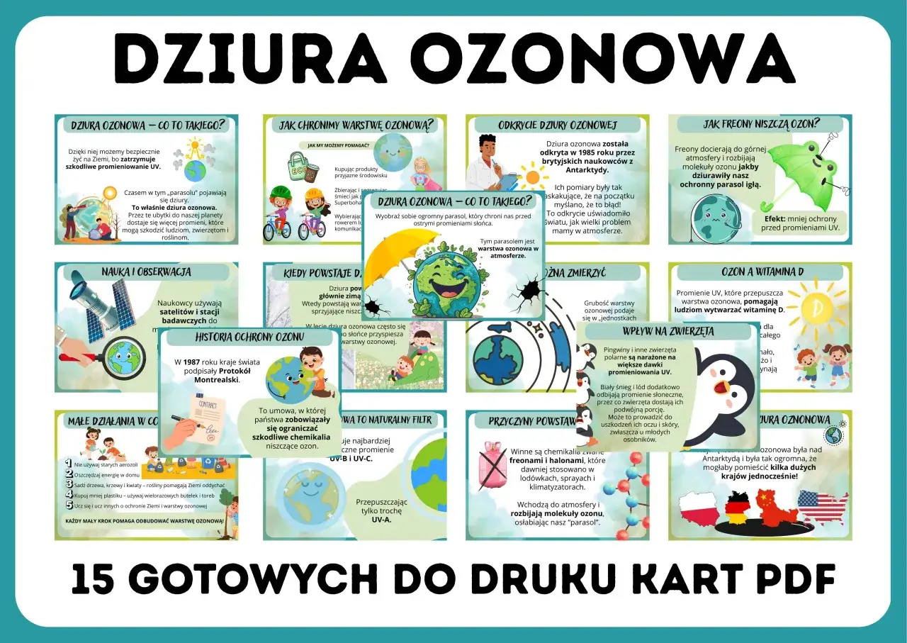 Co to jest dziura ozonowa? To ubytek w warstwie ozonu, która chroni Ziemię przed szkodliwym promieniowaniem UV. Wyobraź sobie Ziemię z dziurawym parasolem.