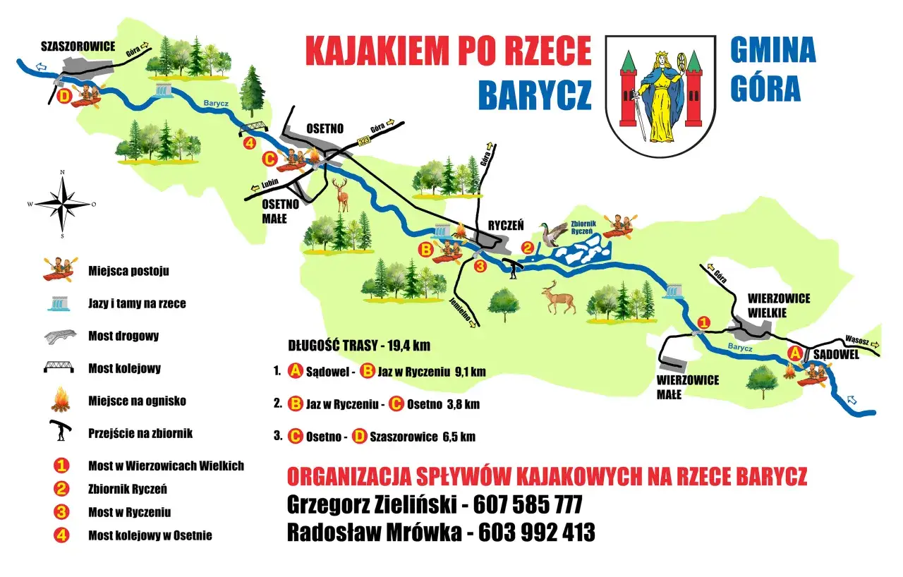 Mapa kajakowa po rzece Barycz. Trasa wiedzie przez malownicze lasy, z zaznaczonymi miejscami postoju, jazami i mostami.