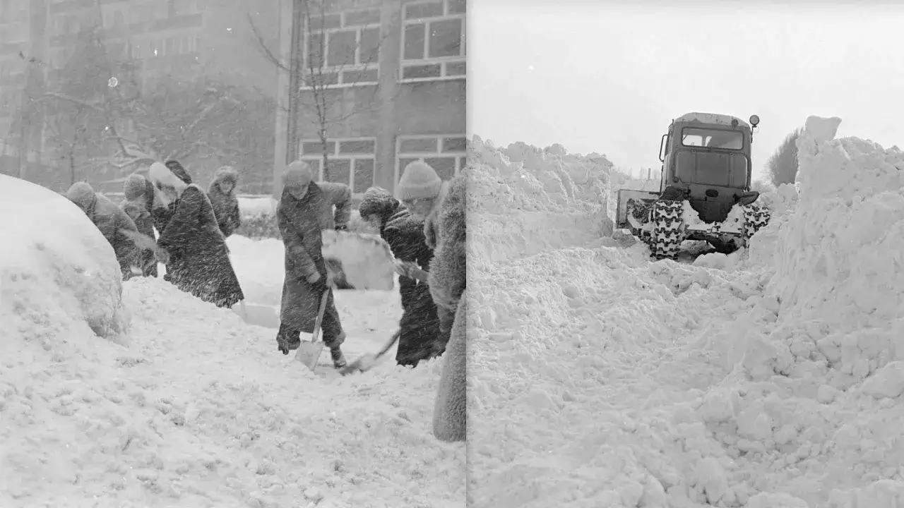 Ludzie odśnieżają zaspy, a gąsienicowy traktor toruje drogę. To obraz zimy stulecia w Polsce, która miała miejsce w 1979 roku.