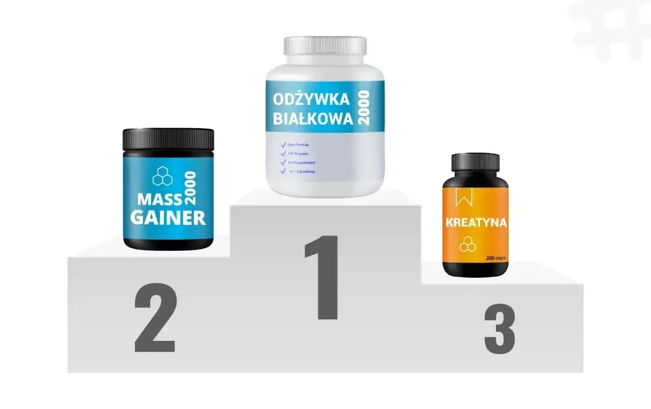Odżywka białkowa, mass gainer i kreatyna na podium. Odżywka białkowa wzmaga syntezę białek, wspierając budowę mięśni.