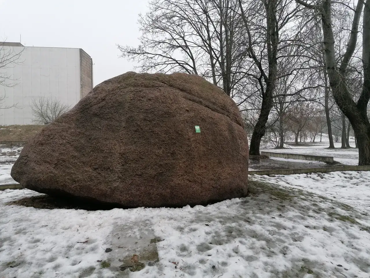 Ogromny głaz, świadek ostatniej epoki lodowcowej, stoi na tle zimowego parku i nowoczesnego budynku.
