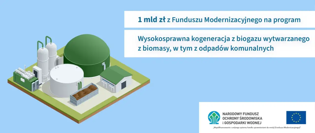 Instalacja do wysokosprawnej kogeneracji biogazu, który powstaje z biomasy i odpadów komunalnych, tworząc mieszaninę metanu i dwutlenku węgla.