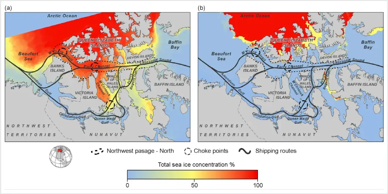 Mapy pokazujące koncentrację lodu morskiego i trasy żeglugowe na Przejściu Północno-Zachodnim.