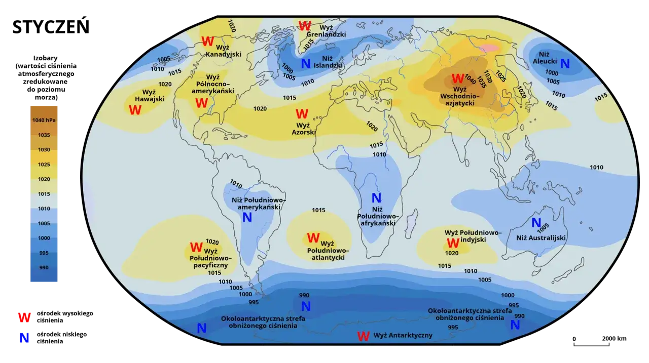 Mapa pokazuje rozkład ciśnienia atmosferycznego na świecie w styczniu, ilustrując, od czego zależy ciśnienie atmosferyczne.