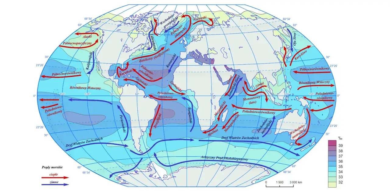 Mapa świata z prądami morskimi. Pokazuje, ile jest mórz i jak ciepłe i zimne prądy krążą po oceanach, wpływając na klimat.