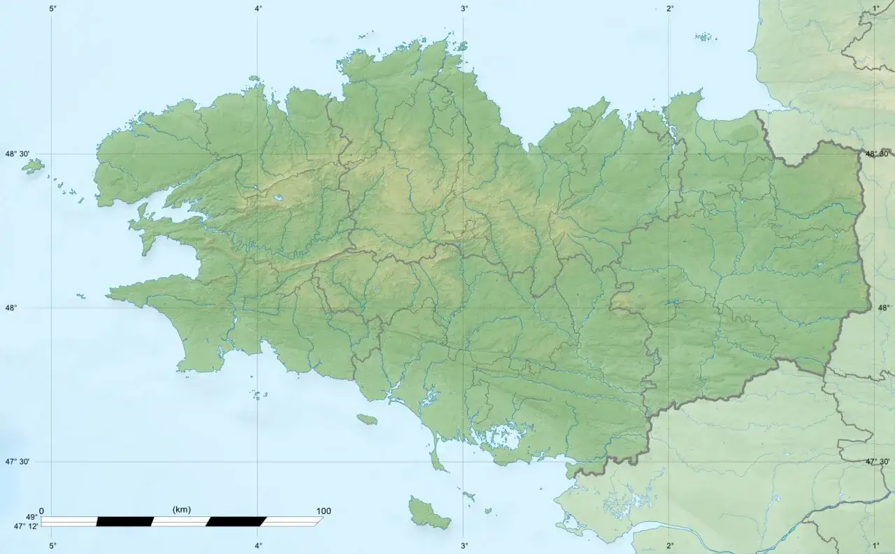 Mapa topograficzna pokazuje, gdzie jest półwysep bretoński, z zaznaczonymi rzekami i ukształtowaniem terenu.