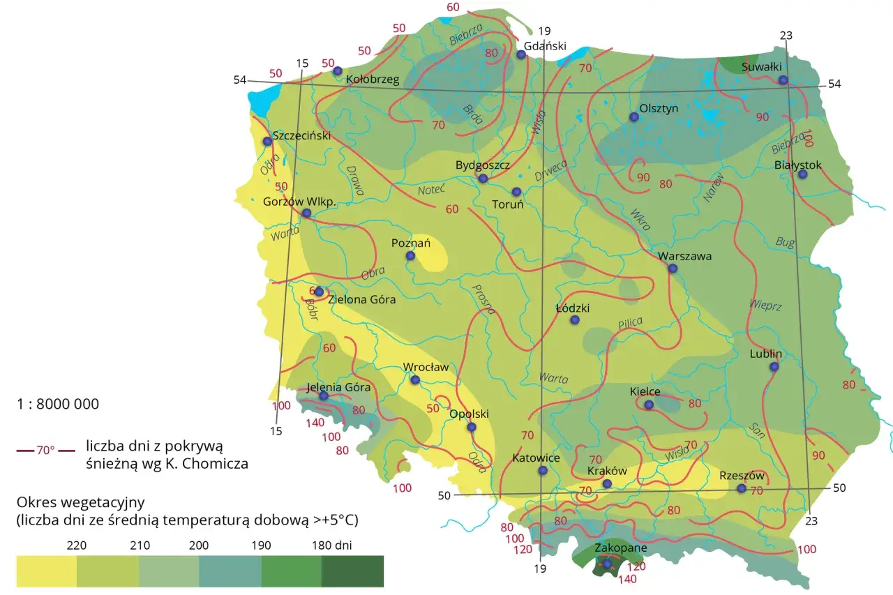 Mapa klimatyczna Polski: okres wegetacyjny (liczba dni ze średnią temp. >+5°C) i liczba dni ze śniegiem.