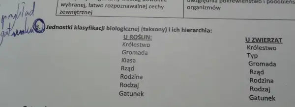 Tabela przedstawia jednostki klasyfikacji biologicznej (taksony) i ich hierarchię dla roślin i zwierząt, od królestwa do gatunku.