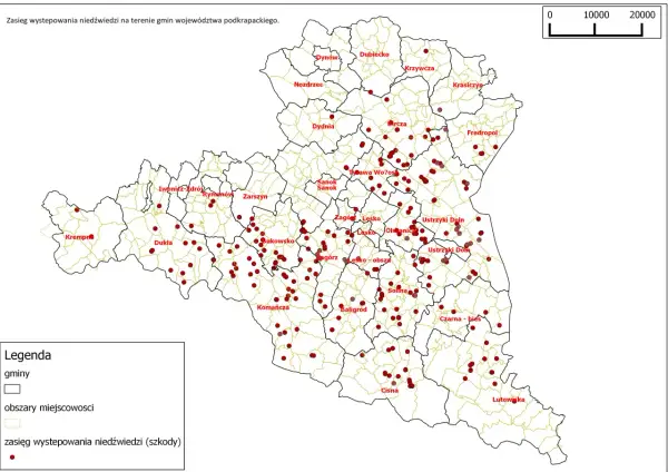 Mapa pokazuje, czy w Polsce są niedźwiedzie. Czerwone kropki oznaczają zasięg występowania niedźwiedzi w województwie podkarpackim.