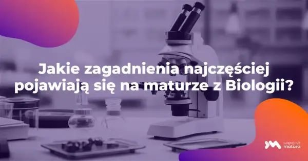 Mikroskop i sprzęt laboratoryjny na stole. Tekst: "Jakie zagadnienia najczęściej pojawiają się na maturze z Biologii?". To powtórka z biologii.