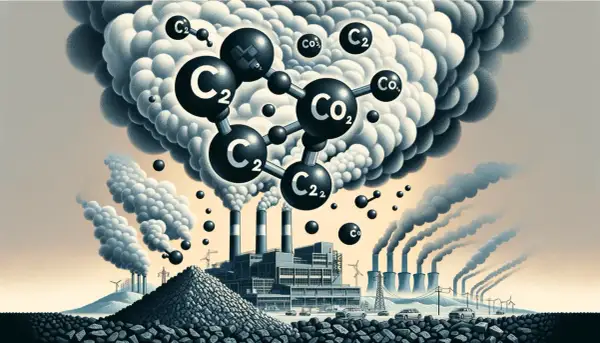 Molekuły CO2 unoszą się nad fabryką spalającą węgiel. Obraz ilustruje, ile CO2 powstaje z tony węgla.