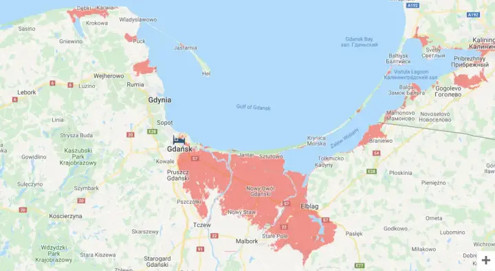 Mapa świata po roztopieniu lodowców: obszary przybrzeżne Polski i Obwodu Kaliningradzkiego zalane wodą.